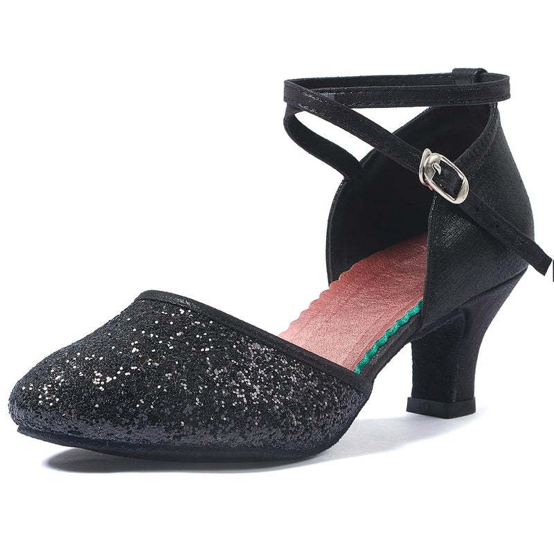 iCKER Womens Latin Dance Shoes Heeled Ballroom Salsa Tango Party Sequin Dance Shoes Black 8.5 - Image 1